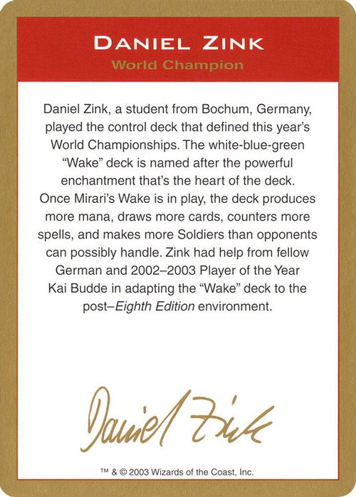 2003 Daniel Zink Biography Card