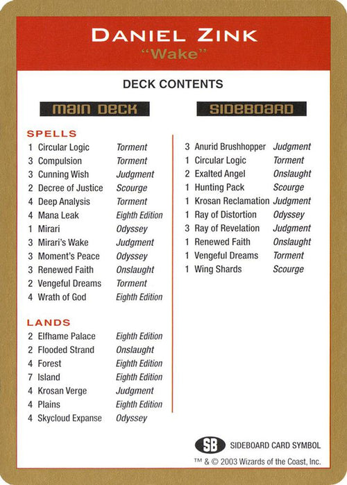 2003 Daniel Zink Decklist Card