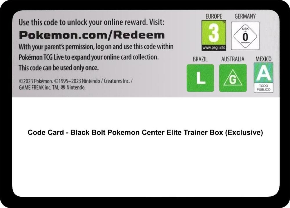 Code Card - Black Bolt Pokemon Center Elite Trainer Box (Exclusive)