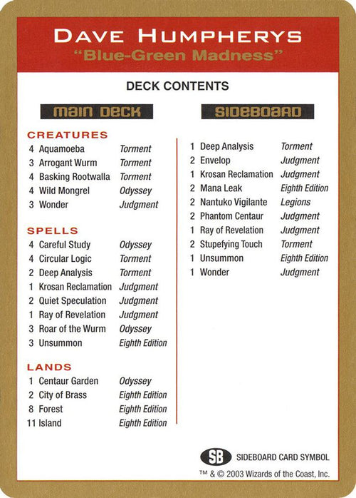2003 Dave Humpherys Decklist Card